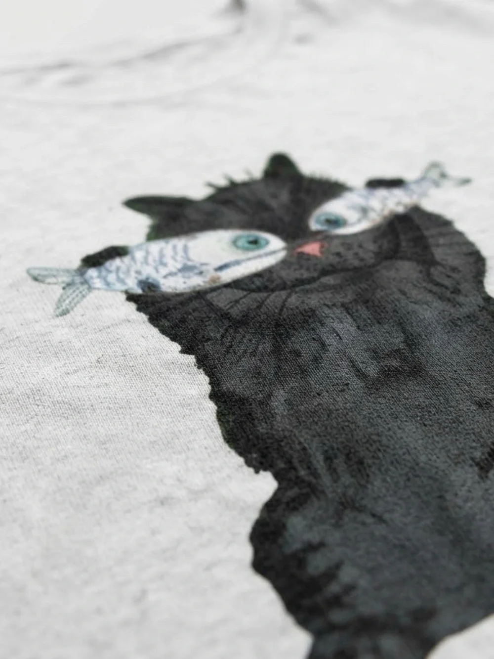 Gildan White Tee with Black Cat Holding Two Fish Graphic